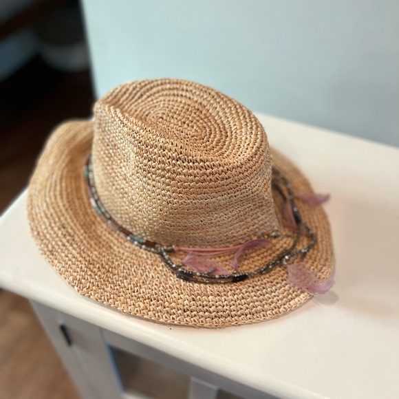 Ale by Alessandra Arabella Raffia Feather Beaded Cowboy Hat UPF 40 Tan One Size - Picture 8 of 11